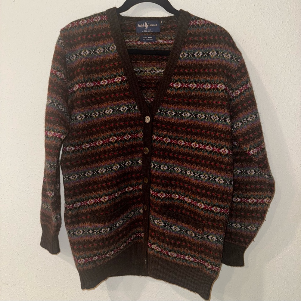 Ralph Lauren 100% Wool Cardigan Button Sweater Men's Medium VTG 80s 90s Aztec
